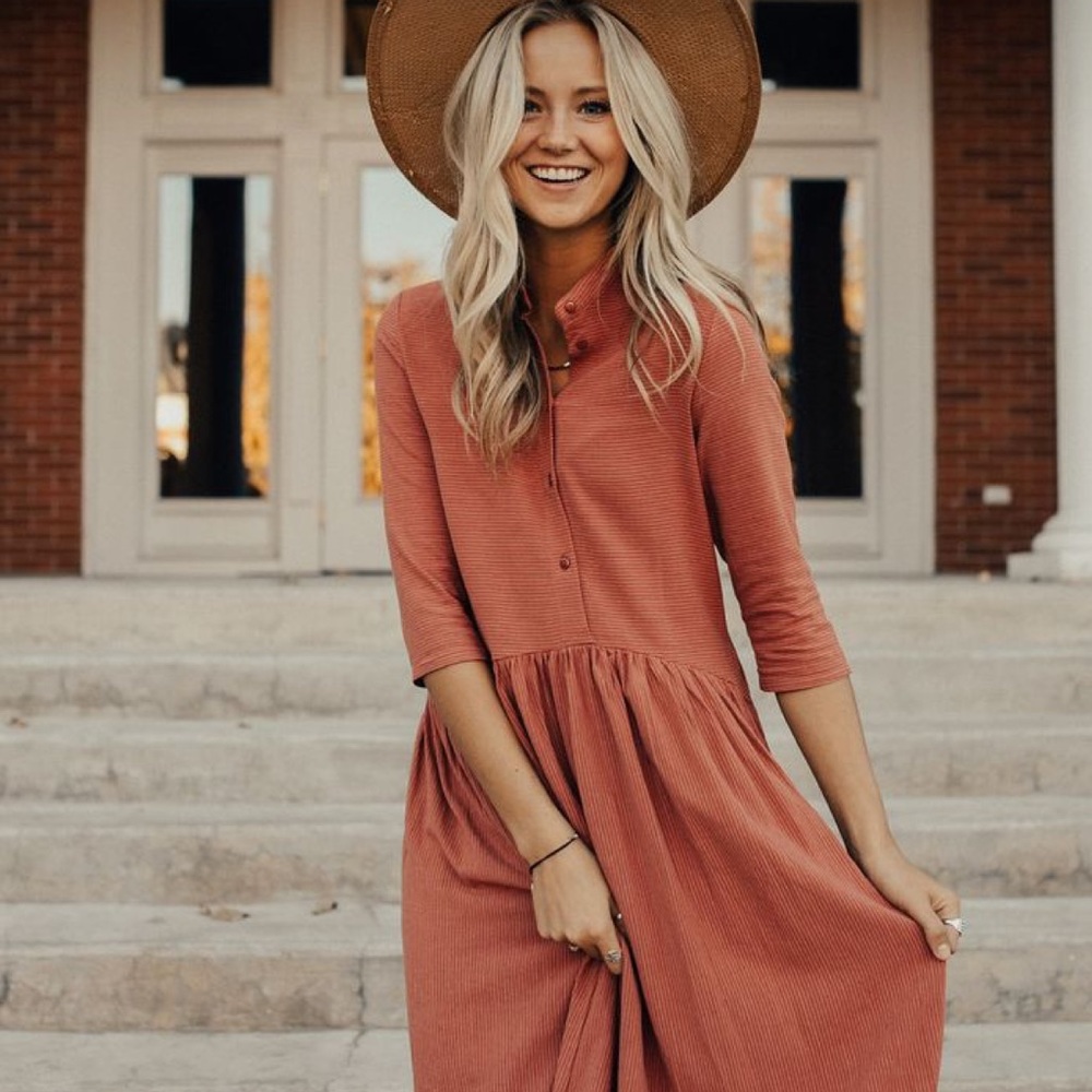 Modest rust stripe midi dress